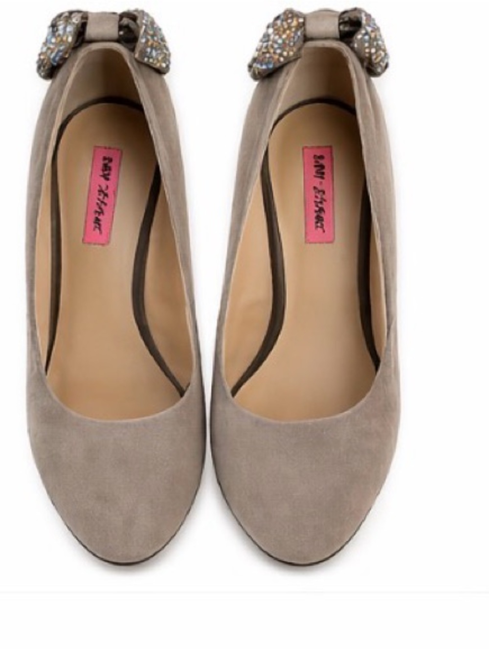 Betsey Johnson Taupe Suede Jeweled Bow Flats